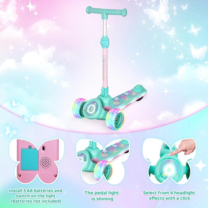 Nattork Kids Scooter for Girls with Light Up Wheels, Deck and Headlight, Wide Anti-Slip Deck and T-bar Handle with Rear Foot Brake, Adjustable Height 3 Wheel Scooter for Kids Ages 3+ and up to 220Lbs