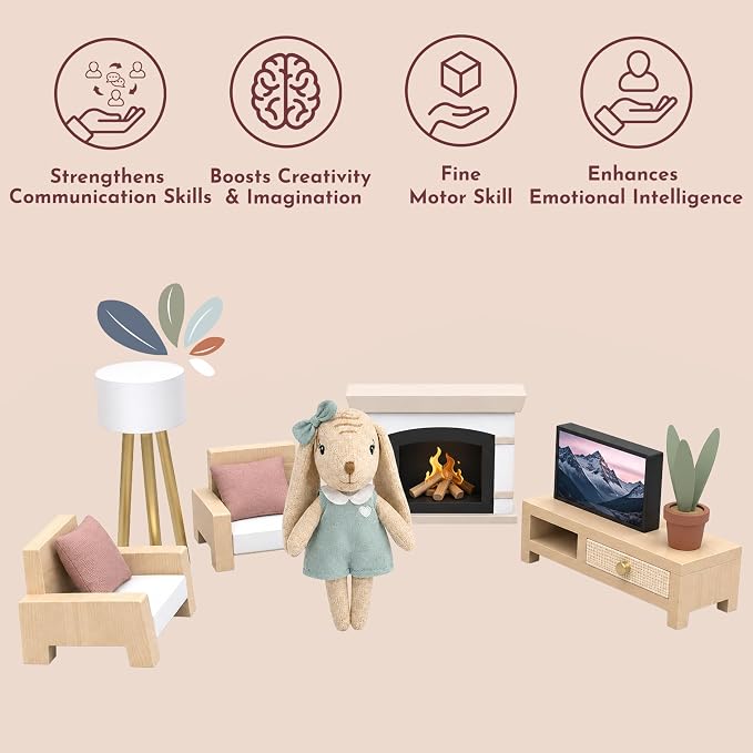 SPEEDY MONKEY Cozy Dollhouse Living Room Playset with Bunny – Miniature FSC Wooden Furniture Sofa, TV – Pretend Play Fully Furnished Farmhouse Accessories for Kid, Toddler, Girl – Doll House Decor Toy