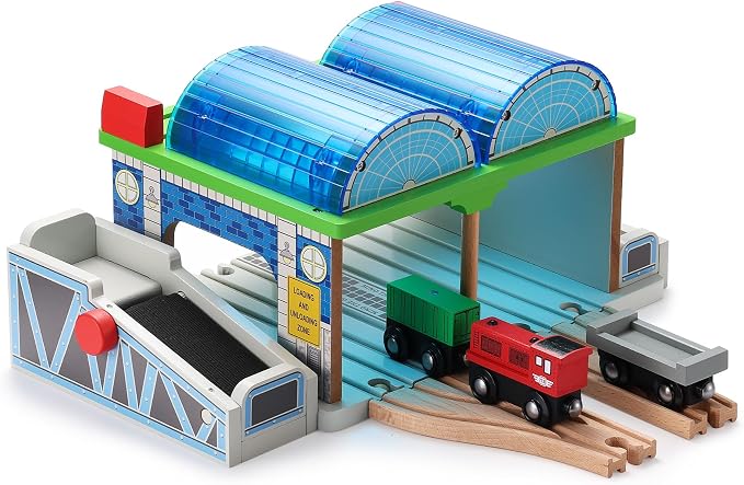 SainSmart Jr. Wooden Train Track Accessories - Premium Train Station with Double-Track Tracks and Conveyor Belt Fit for All Major Brands, Ideal Gift for Aged 3+