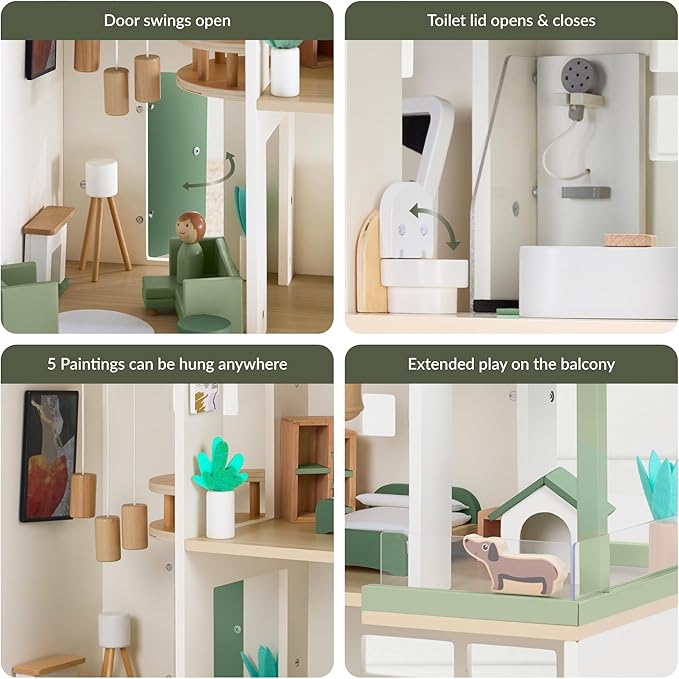 Best Choice Products Modern Wooden Dollhouse for Kids, 3-Story Doll House with 40 Furniture Accessories, Interactive Dollhouse Set with Dolls, Multi-Room Design for Girls & Boys - Sage