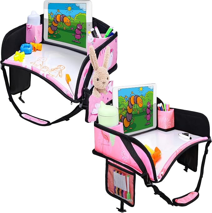 2PCS Kids Travel Tray, Car Seat Tray for kids Travel, Toddler Road Trip Essentials With Drawing Kit, Toddler Lap Desk Organizer for Car, Carseat Table for Airplane