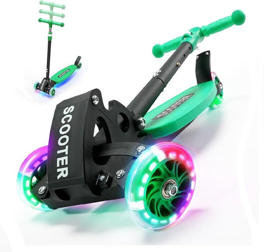 3 Wheel Scooter for Kids Ages 3-12, LED Light-Up Kids Kick Scooter–Portable Foldable, Adjustable Height, Durable Metal Construction, 6" Extra Wide Deck for Outdoor Activities,Child Safety Certified