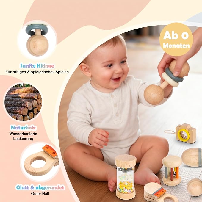 Montessori Wooden Baby Toys 7-in-1 Sensory Set for Babies 0–12 Months, Rain Sound Tube & Rattle Roller, Sensory Musical Gift for Baby Boys and Girls with Storage Bag