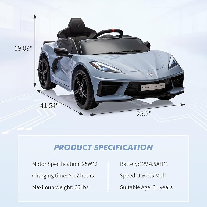 Garvee 12V Kids Ride on Car Licensed Corvette Toddlers Electric Sports Car Ride on Toy with Remote Control, Visual Dashboard, LED Lights, Music for Boys & Girls, Light Blue