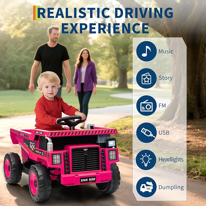 Garvee 12V Ride On Dump Truck for Kids, Ride On Car with Remote Control, Construction Vehicles with Dump Bed & Shovel, Ride-On Toys 16.5 in Spacious Seat, Music, Headlights, Soft Start, Pink