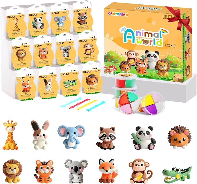 Air Dry Clay Kit - 12 Animal Modeling Clay for Kids, Complete DIY Clay Craft Set with Sculpting Tools & Step-by-Step Tutorials, Ultra Soft & Non-Sticky Clay, Children's Day Gift Ideas