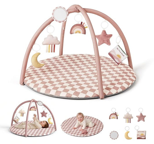 Blissful Diary Baby Play Gym Mat, Play Mat Activity Mat with 6 Detachable Toys for Stage-Based Sensory & Motor Skill Development, Easy to Install & Clean, Baby Essentials Gift, Blush Checkered