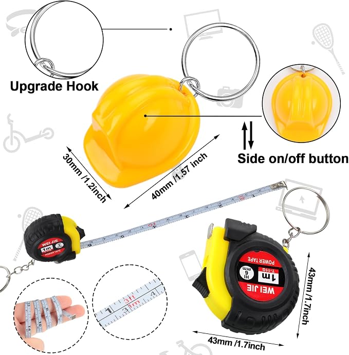 Jutom 108 Pcs Mini Construction Helmet Keychains Tape Screwdrivers Tool Adult Men Gifts Bulk for Easter Egg Stuffers Father's Day Construction Party Favors Gifts