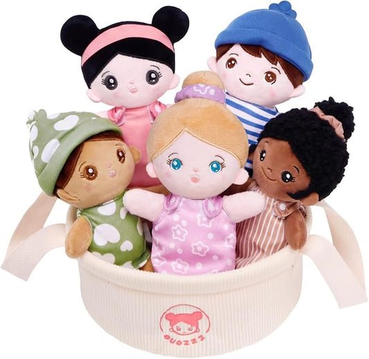 OUOZZZ Soft Baby Dolls, Set of 5 Multicultural 8.8" Plush Dolls in Basket | Diversity Ethnic, For Toddlers, Preschool, Daycare & Home