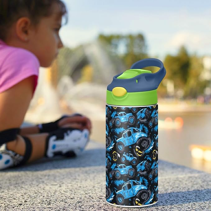 Boccsty Abstract Monster Trucks Kids Water Bottle with Straw Lid Tire Tracks Car Insulated Stainless Steel Reusable Tumbler for Boys Girls Toddlers 12 oz Green