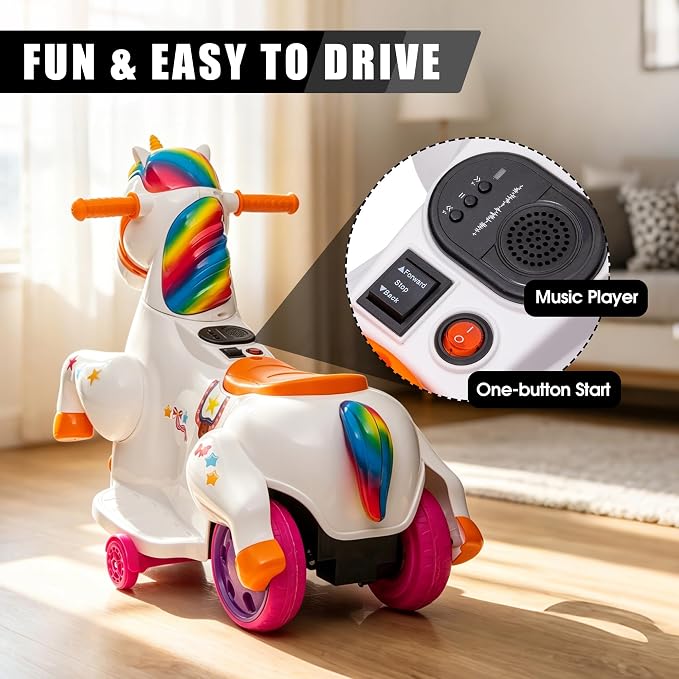 TOBBI Electric Unicorn Ride on Toy Kids Car for Toddler Ages 2-6 Battery Powered Rideable Rocking Horse Pony with Music 3 Wheeler Motorized Unicorn Riding Toys for Baby, Girls & Boys