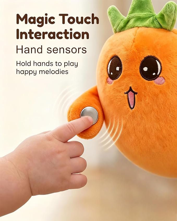 Soft Plush Musical Sensory Toy, Interactive Plush Toy with Sounds, Skin Touch Activated Sound Doll, Dual Mode Educational Toy, Fruit Style Gift for Baby Kids Boys Girls All Ages(Orange Carrots)