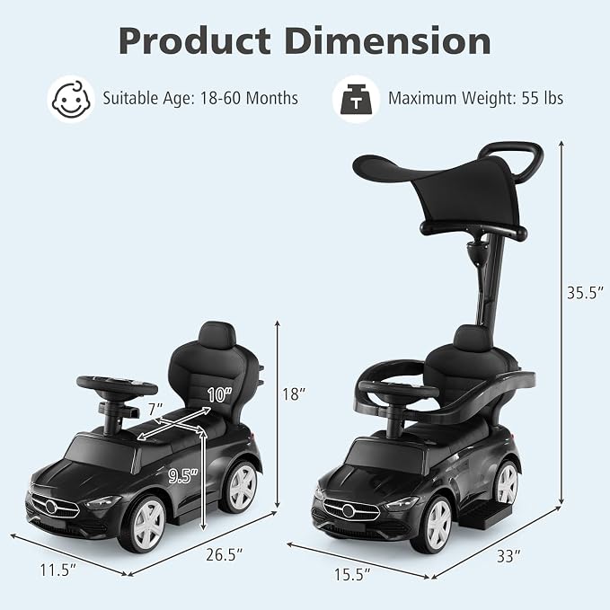 Licensed Mercedes Benz Push Car for Toddlers by INFANS, 3 in 1 Sliding Walking Car with Push Handle, Horn, Music, Underneath Storage, Foot-to-Floor Ride on Toys for Boys Girls, Black