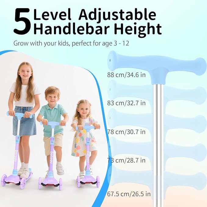 BELEEV Scooters for Kids 3 Wheel Kick Scooter for Toddlers Girls Boys, 4 Adjustable Height, Lean to Steer, Light up Wheels, Extra-Wide Deck, Easy to Assemble for Children Ages 3-12