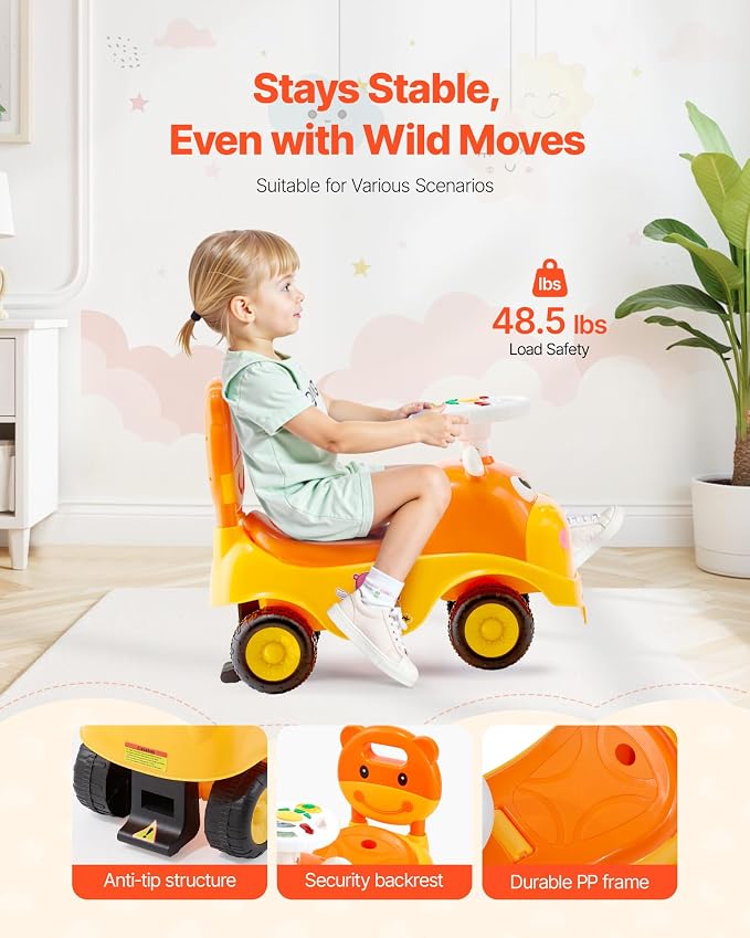 VEVOR Ride On Toddler Push Car, Push Car for Toddler 19 to 36 Months, Kids Ride On Toy with Horn & Music, 48.5 lbs Load Capacity, Under-seat Storage, Foot-to-Floor Walker for Toddlers Boys Girls