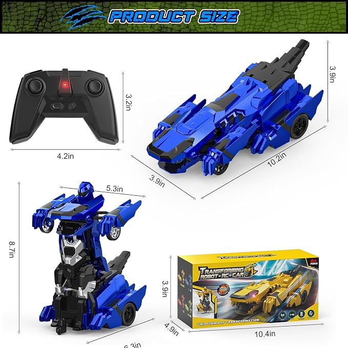 Kroyedfuw Dinosaur Transform Rc Cars, 2.4Ghz Remote Control Car Transforming Robot with Flashing Light, 360° Rotation One Button Deformation Car Toy Gifts for Boys Age 4-7 8-12