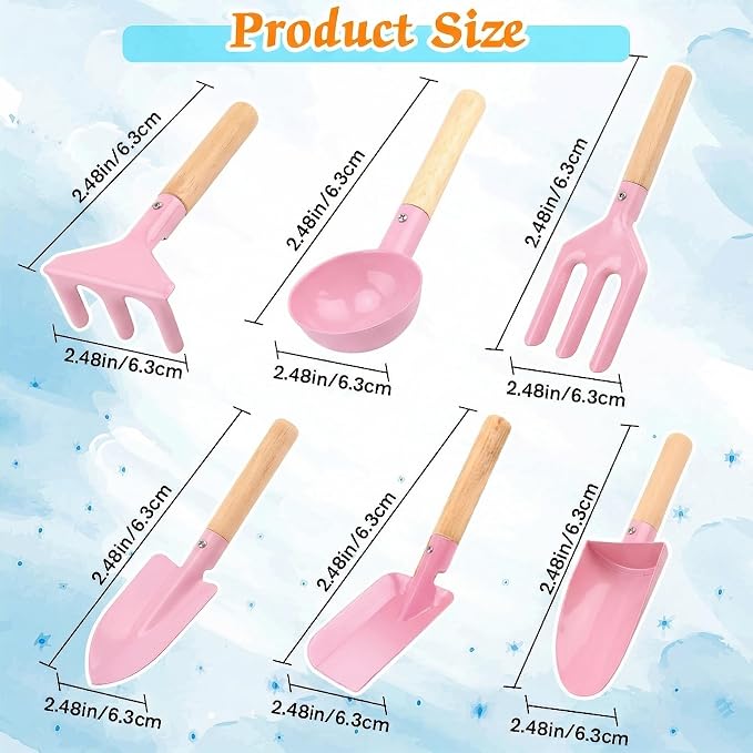 6 Piece Kids Gardening Tools, Children Beach Sand Toys, Made of Metal with Sturdy Wooden Handle, Safe Beach Gardening Set, Spoon, Fork, Rake & Shovel, Gifts for Kids(Pink)