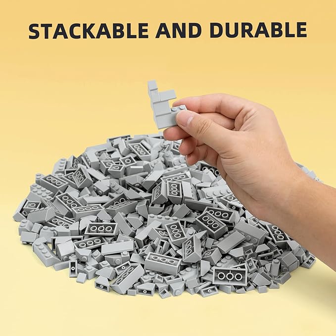 800 Pieces Building Bricks, 5 Sizes Building Pieces, Classic Slope Block Bulks - Compatible with All Major Brands, Light Grey