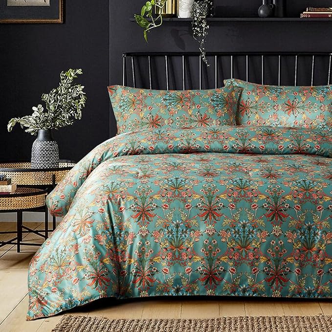 LifeTB Queen Comforter Set Vintage Floral Boho Comforter for Queen Bed Aesthetic Floral Bedding Comforter with 2 Pillowcases Flower Leaves Boho Bedding Sets Farmhouse Botanical Flower Comforter Set