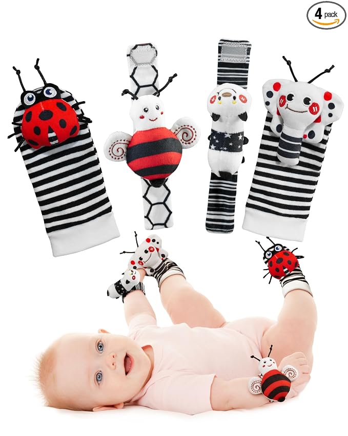 Infinno High Contrast Baby Toys Infant Rattle Socks and Wristband Set, Ideal Baby Sensery Toy Gifts for Newborn 0-12 Months, Perpect Black and White Toys for Boys and Girls As Baby Shower Gifts