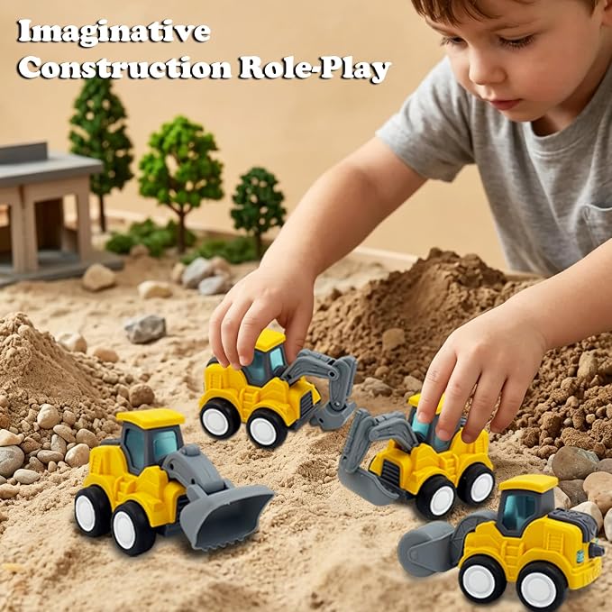 Construction Toys for Toddlers 1-3 Years Old, Press and Go Road Roller Truck Sand Toys with Movable Arm, Safe Wheat Straw Material, Birthday for Boys and Girls