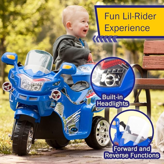 Ride on Toy, 3 Wheel Motorcycle Trike for Kids by Rockin' Rollers ? Battery Powered Ride on Toys for Boys and Girls, 3 - 6 Year Old - Blue FX