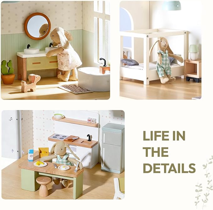 Giant bean Modern Wooden Dollhouse with Lights & 37PCS Furniture Set – Nordic Style 3-Story Playhouse for Kids Age 3+, Natural Wood Montessori Doll House with Realistic Rooms, Gift for Girls & Boys