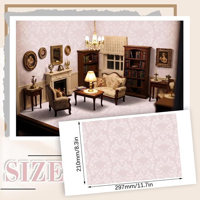 Flutesan 12 Pcs Miniature Dollhouse Wallpaper and Flooring Peel and Stick Mini DIY Self Adhesive Dollhouse Accessories 8.27 x 11.69 Inch (Vintage Pink)