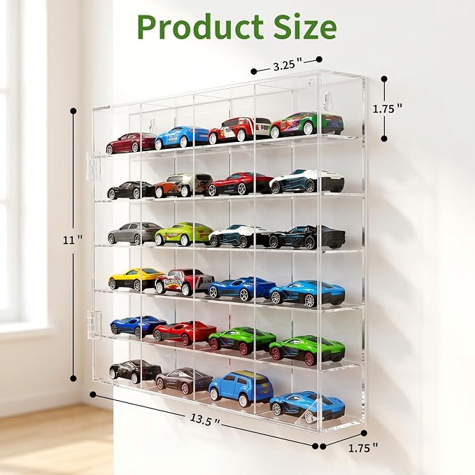 JUESHA 2 Pack Acrylic Display Case for Hot Wheels Storage 1/64 Scale, 6 Levels 24 Slots Toy Cars Showcase Wall Mount or Desktop, Clear Display Organizer for Diecast Matchbox Model Car Tabletop