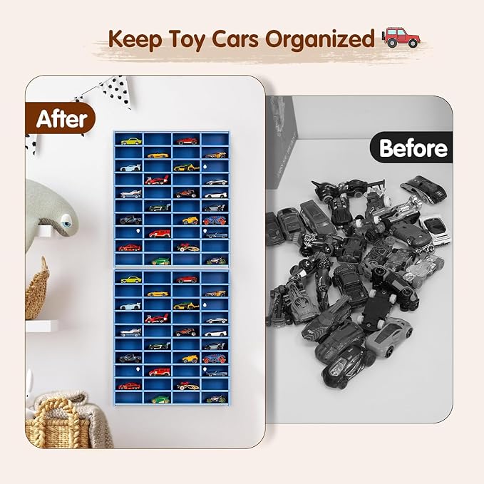 Krafetto 2 Pack Toy Car Display Shelf, Holds 80 Diecast 1/64 Toy Cars, Wall Mount Model Car Storage Organize Case, Blue