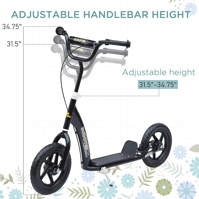 HOMCOM Kick Scooter for Kids 5-12 Years Old, Big Wheel Kids Scooter with Adjustable Height Handlebar, 12" EVA Tyres, Non-Slip Footplate, Rear Brake