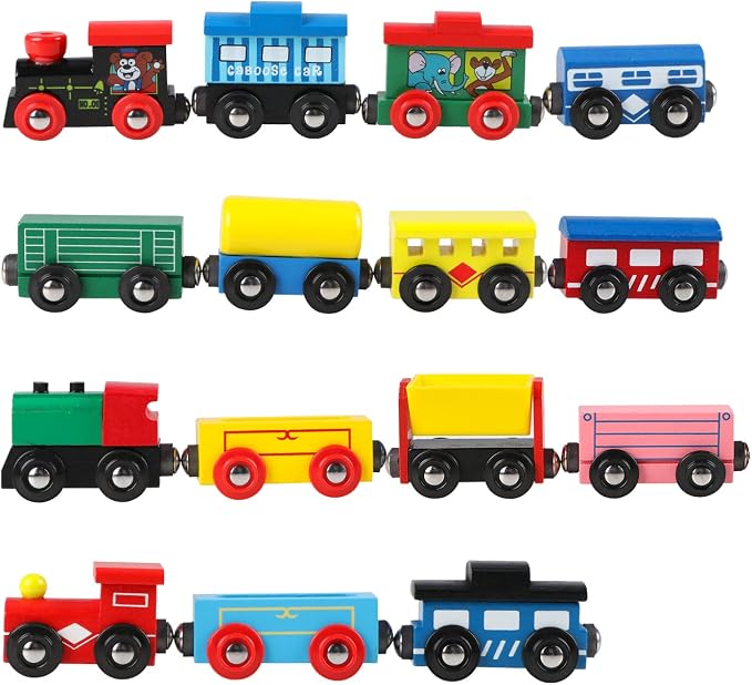31 PCS Wooden Train Cars - Magnetic Train Set Includes 15 Cars, 10 Bonus Connectors & Storage Bag, Wooden Train Set Toy Train for Kids Toddlers, Compatible with Major Brands Train Tracks Set