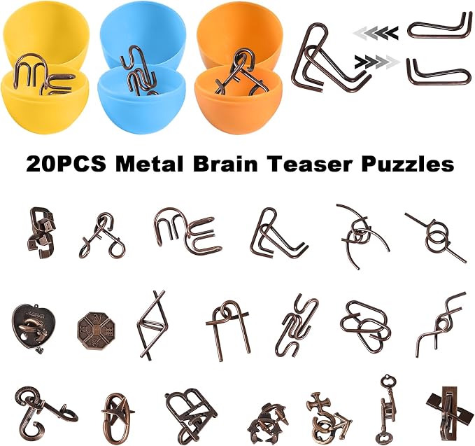 GOLDGE 24 Pack Easter Eggs Filled with Brain Teaser Puzzle Set for Adults & Kids, Ancient Wooden & Metal 3D Puzzles, IQ Logic Games for Easter Basket Stuffers & Party Favors, Egg Hunt, Family Fun
