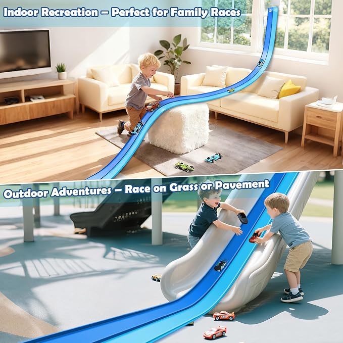 Flex Tracks 15 Ft Starter Set, Flexible Race Track for Kids 3+ with Strong Suction Cups, Flexible Car Track Race Car Ramp Track Compatible with 1/64 Diecast Cars, Portable Rolls Up Race Tracks