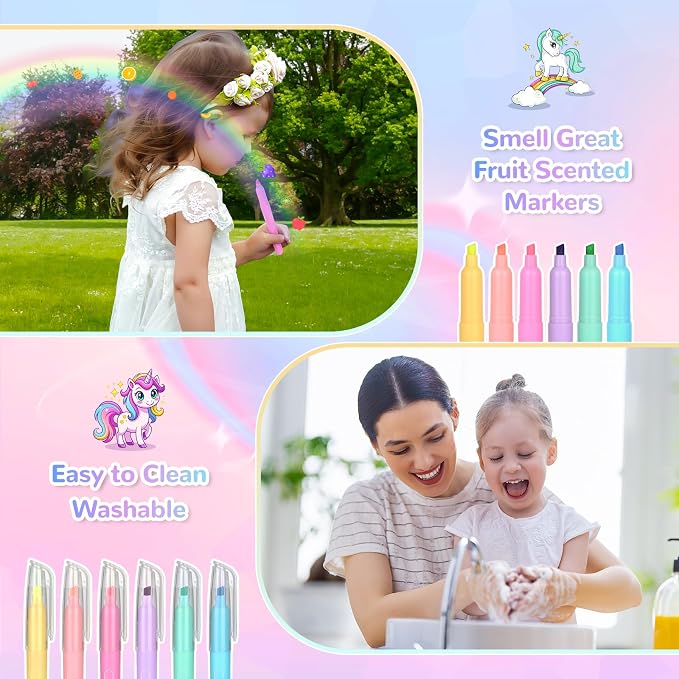 nasominako Washable Scented Markers Set for Kids - Unicorn Coloring Art Supplies Set for Kids Ages 4-8 Birthday Gifts for 4-8 Year Old girls Unicorn Pencil Case 54 PCS