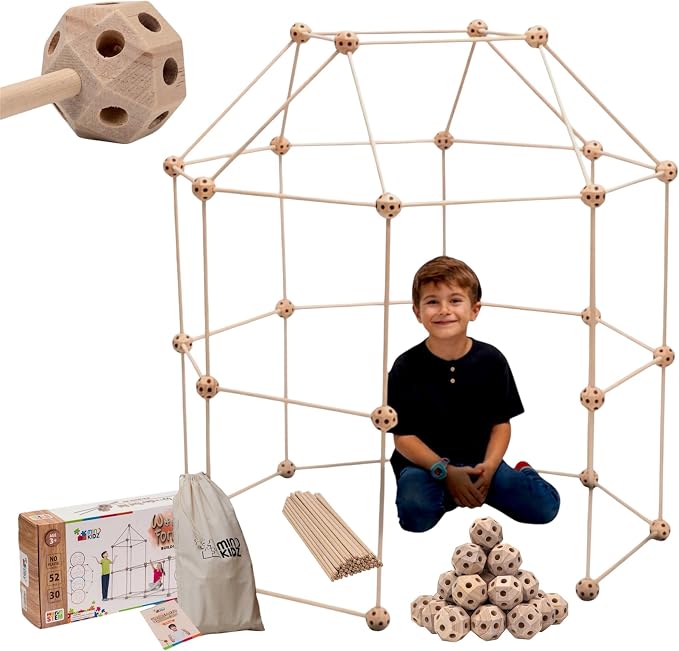 MIND KIDZ Wooden Fort Building Kit for Kids - STEM Montessori Construction Toy - 82 Pieces Fort Builder Play Set with Big Cotton Storage Bag