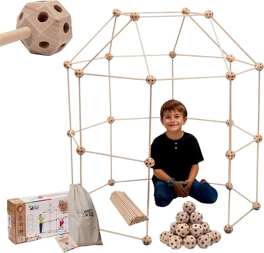 MIND KIDZ Wooden Fort Building Kit for Kids - STEM Montessori Construction Toy - 82 Pieces Fort Builder Play Set with Big Cotton Storage Bag