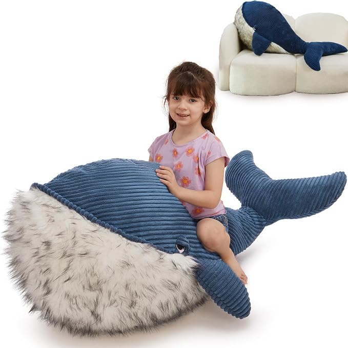 MorisMos Giant Blue Whale Stuffed Animal Plush Pillow, Huge 43.3" Plush Whale Toy for Kid/Adult, 4ft Large Stuffed Animal Ocean/Sea Toy Gift for Marine Creature Lover, Sea Life Decor, CE/CPC Certified