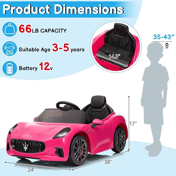 Winado 12V Ride on Car, Licensed Maserati Electric Car for Toddlers W/Remote Control, Battery Car for Kids with Bluetooth, 3 Speeds, LED & Rear Lights, Music & Horn (Pink)