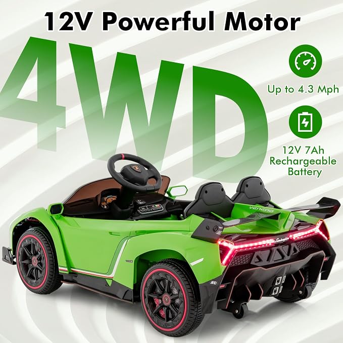 INFANS 2 Seater Kids Ride on Car, 12V 4WD Licensed Lamborghini Veneno Powered Electric Vehicle with Hydraulic Doors, Rocking Mode, Adjustable Speeds, Remote Control, MP3, Headlight (Green)