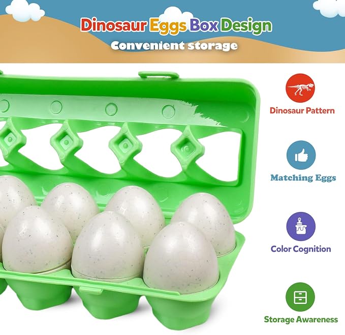 Easter Egg Toy for Toddlers - 12 Pcs Dinosaur Matching Eggs, Educational Gift for 1-3 Year Old Kids, Color & Shape Recognition Fine Motor Skill Montessori Puzzle