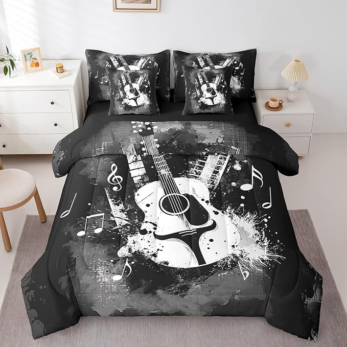 Feelyou Guitar Comforter Set with Sheets King Size Rock Music Bed in a Bag for Boys Girls Teens Carbon Black 7 Pieces Bedding Set Soft Lightweight Microfiber