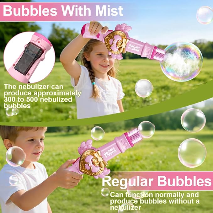 Aooess Fog Bubble Machine for Kids 3+, Mist Bubble Wand with LED Lights and Music, USB Rechargeable Bubble Toy, Complete Kit with Gloves & Bubble Solution, Indoor Outdoor Party Favors for Boys Girls