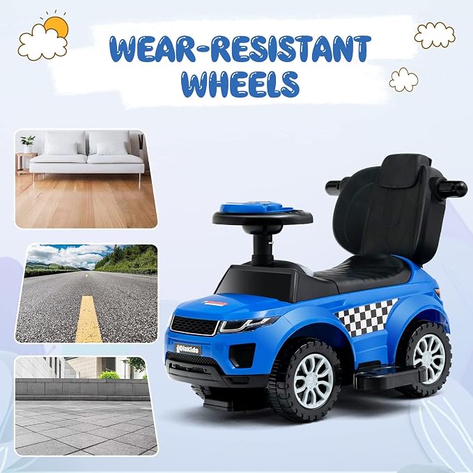 OLAKIDS 4 in 1 Ride on Push Car, Toddlers Stroller Sliding Walking Toy with Horn, Music, Lights, Removable Guardrails and Handle, Underneath Storage, Baby Foot-to-Floor Walker for Boys Girls (Navy)