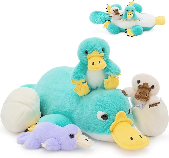 Tezituor Platypus Stuffed Animal Set,Mother Platypus Plush with 3 Colorful Baby Platypuses,Soft Blue Animal Family Plush Toy with Egg,Cute Easter Christmas Birthday Gift for Kids Boys Girls Girlfriend