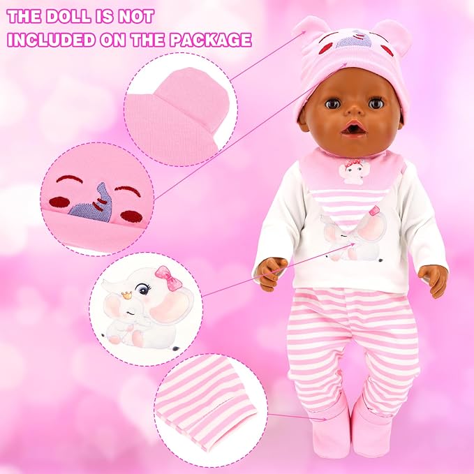 5 PCS Baby Doll Clothes 14-16 Inch Baby Doll Elephant Pattern Outfit Accessories for Sweet Baby Dolls Clothing with Pink Hat, Top Pants Socks