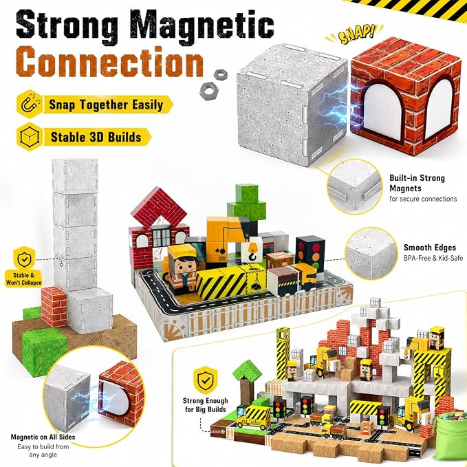 Magnetic Blocks 100PCS Construction Site Set - Build Mine Crane & Truck Magnetic Cubes, STEM Montessori Sensory Toys for Kids 3+, Educational Magnetic Tiles Gifts for Girls & Boys