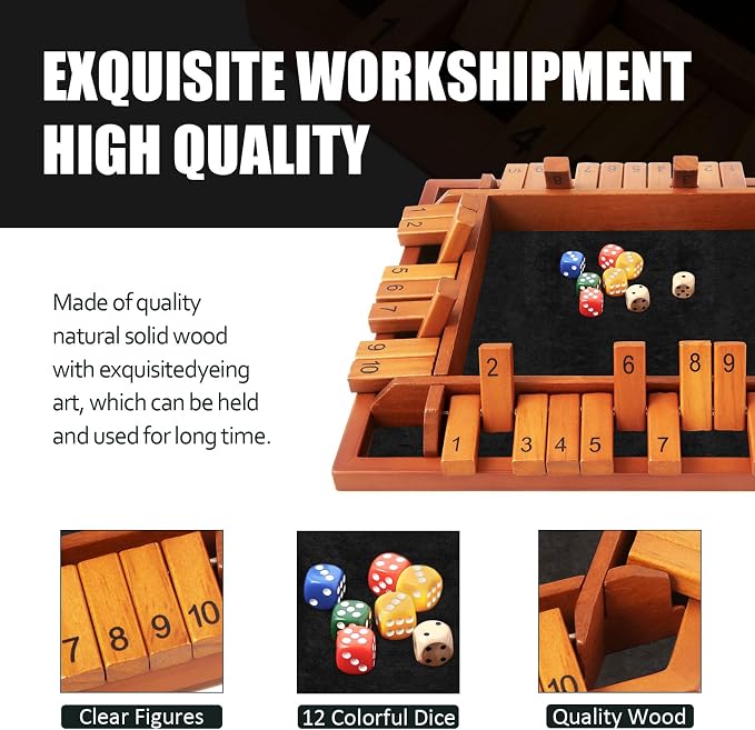 TooyBing Upgraded 1-4 Players Shut The Box Dice Game, Wooden Board Table Family Game for Kids and Adults with 12 Dice, Classic Tabletop Math Game for Pub Classroom Party, Gift for Christmas Birthday