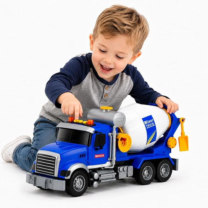 14" Blue Large Cement Mixer Truck Toy, Toddler Truck,for Boys Girls 3 4 5 6 7 8 Years Old,with Lights & Sounds,Holiday and Birthday Gift