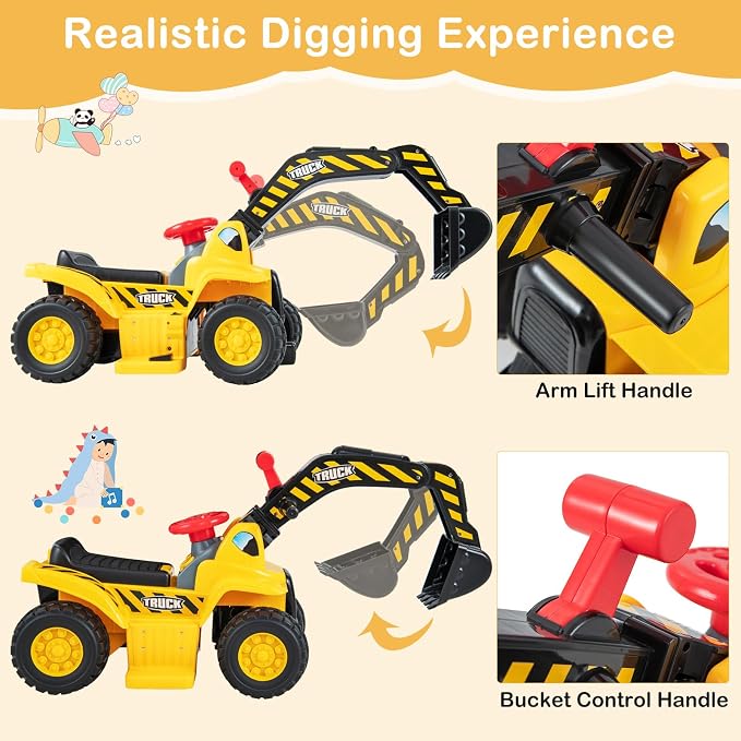 Costzon 6V Ride On Construction Excavator, Outdoor Digger Scooper Tractor Toy W/Safety Helmet, Rocks, Horn, Underneath Storage, Moving Forward/Backward, Pretend Play Ride On Truck (6V)